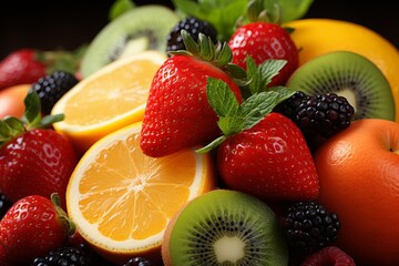Design a colorful fruit themed backdrop showcasing a variety of fresh produce such as strawberries,...