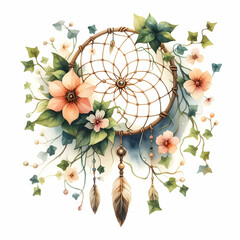 flat icon as Botanical Dreams as Dreamcatcher entwined with ivy and blossoms painted in soft watercolors in watercolor hand drawing floral theme with isolated white background ,Full depth of field, hi