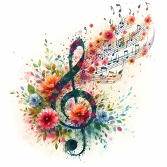 flat icon as Floral Symphony as A watercolor depiction of musical notes morphing into a cascade of flowers in watercolor hand drawing floral theme with isolated white background ,Full depth of field, 