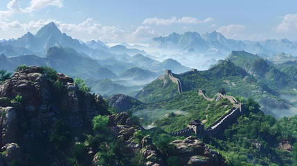 Photo sur Plexiglas Mur chinois The Great Wall of China: Unfolding Over a Thousand Kilometers Through Time-Weathered Hills and Verdant Valleys