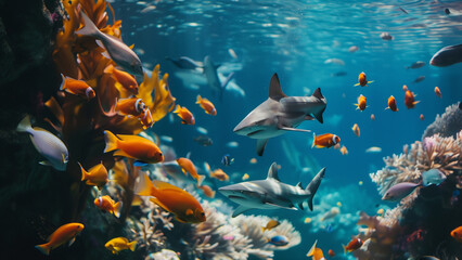 Fototapeta na wymiar Sea Life Snapshot: Fish with a Shark in the Background