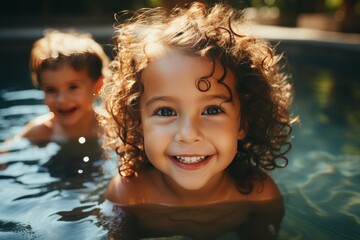 a lively young girls immersed in the playful atmosphere of a colorful water park on a sunny summer day - obrazy, fototapety, plakaty