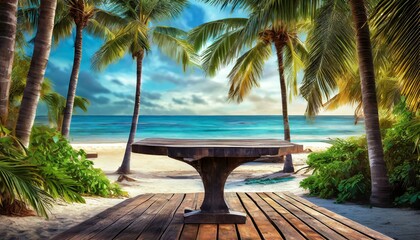 Fototapeta premium midst palm trees a with trees An empty dark wooden table nestled amidst palm trees on tropical beach, golden hour light