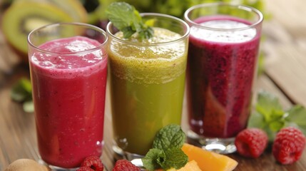 Colorful array of freshly blended fruit and vegetable smoothies served in tall glasses, perfect for a healthy lifestyle.