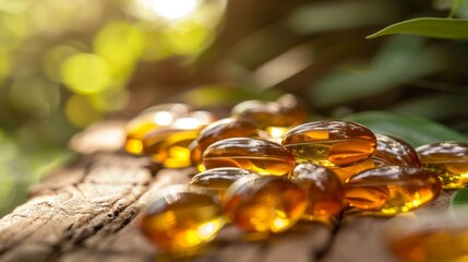 Omega-3 fish oil supplements glisten in the sunlight on a rustic wooden background, a natural setting for health and wellness.