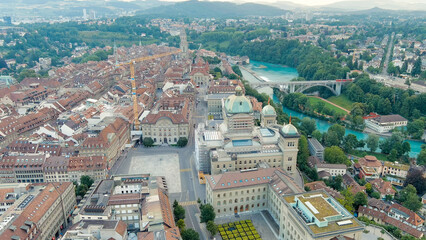 Bern, Switzerland. Federal Palace. Panorama of the city with a view of the historical center. Summer morning, Aerial View