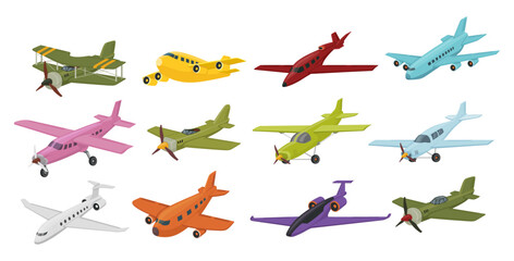 Airplane retro and modern cartoon aviation vehicle set isometric vector illustration