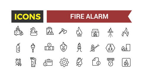 Fire Alarm Systems Icons Set, Related To Detector, Smoke Sensor, Sprinkler, Powder Extinguishing Module, Fire Alarm Control Panel, Extinguisher, Emergency Vector Illustration