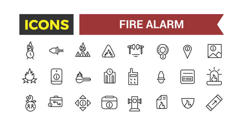 Fire Alarm Systems Icons Set, Related To Detector, Smoke Sensor, Sprinkler, Powder Extinguishing Module, Fire Alarm Control Panel, Extinguisher, Emergency Vector Illustration