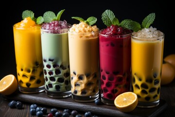 Fototapeta premium a vibrant display of freshly prepared bubble tea and smoothies, highlighting their refreshing appeal