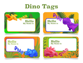Name tag childish dinosaur card for name surname design template set vector illustration