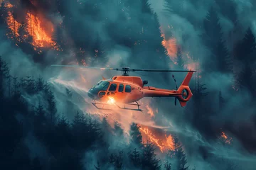 Selbstklebende Fototapeten Emergency Response Helicopter Hovering Above Wildfire in Forest © Svetlana