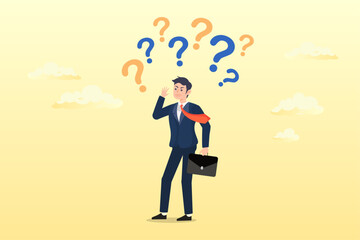 Frustrated businessman thinking and make decision with many question marks, confusion and decision making, choosing options or choices, answer for question or solution, problem solving (Vector)
