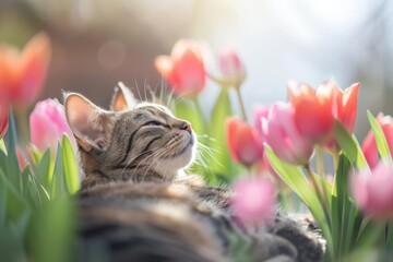 funny cat enjoying the begining of the blooming spring
