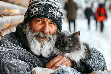 Homeless man on city street. Old sad man on cardboard in torn clothes hugging cat kitten seeking help, hungry poor person concept