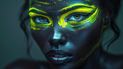 closeup of black woman's eyes with neon fluorescent paint, neon colors, creative portrait, tribal