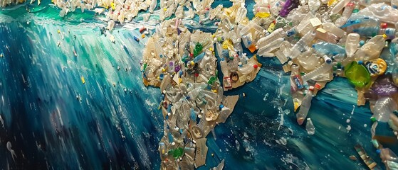 Ocean plastic art exhibit, impactful Earth Day message, gallery perspective, thoughtful mood