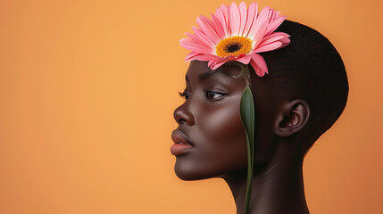 portrait of bald buzz cur black woman with pink flower, on orange background