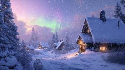 Snow-covered cabins glow warmly beneath the stunning aurora borealis in a serene winter landscape....