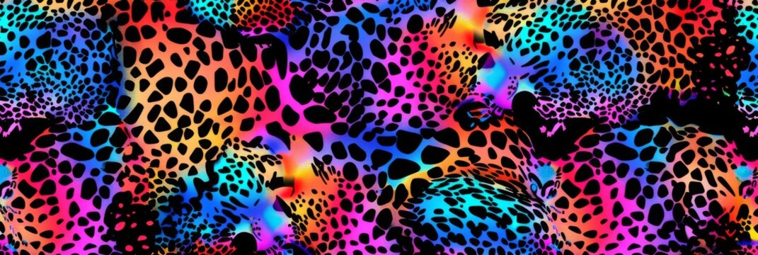 Colorful leopard print pattern on textured background. A striking leopard print pattern, which occupies the entire frame, featuring a blend of vivid colors on a rough, textured surface