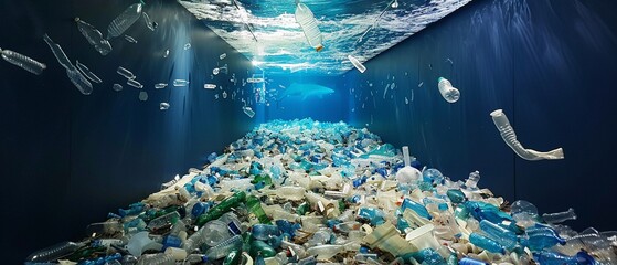 Ocean plastic art exhibit, impactful Earth Day message, gallery perspective, thoughtful mood - obrazy, fototapety, plakaty