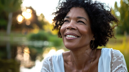 Black american woman in her 50s who exudes happiness and a sense of feeling truly alive in a beautiful natural park near a lake, genuine smile on her face, relaxed and confident, female who found joy - obrazy, fototapety, plakaty