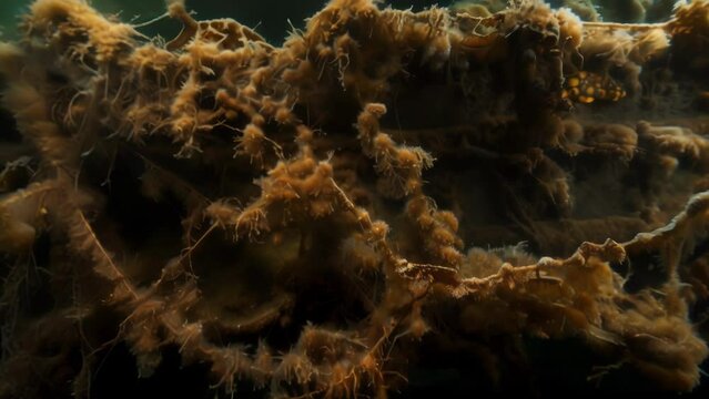 An intricate weblike structure of bacterial biofilms attached to the surface of a submerged shipwreck. The biofilms have a fuzzy appearance . AI generation.