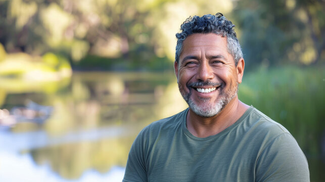 Latino american man in his 50s who exudes happiness and a sense of feeling truly alive in a beautiful natural park near lake, genuine smile on his face, relaxed and confident latin male who found joy