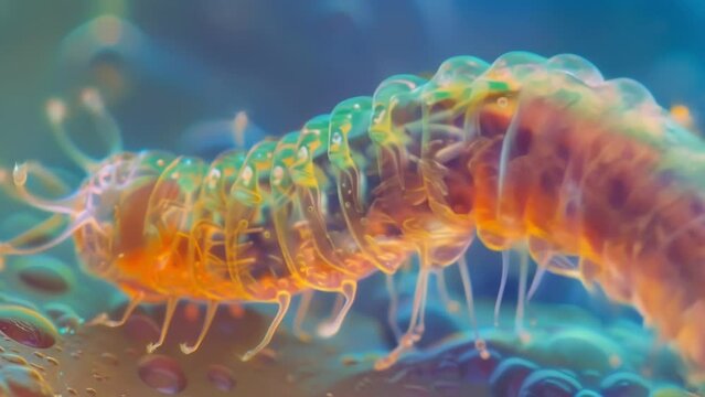 Colorenhanced magnified photo of a nematodes slim cylindrical body containing rows of tiny hairlike structures called setae that help . AI generation.
