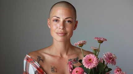 portrait of bald woman holding pink flowers, concept of breast cancer survivor, on white background, strong woman, resilience, hope, diversity