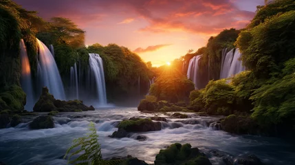 Fotobehang A breathtaking sunset over a cascading waterfall, surrounded by lush greenery, captured in 4K HDR. The image portrays a sense of wonder and natural beauty, perfect for a holiday escape into nature. © AQ Arts