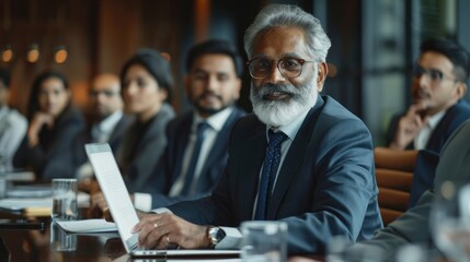 Successful Indian CEO Making a Presentation on a Laptop to a Board of Directors During a Corporate Meeting. South Asian Business Partners Discussing International Markets - obrazy, fototapety, plakaty