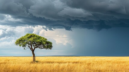 Single tree in field under stormy sky