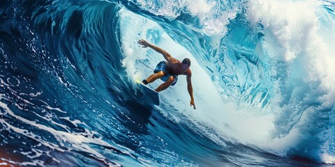 Surfer riding a big blue wave in the ocean