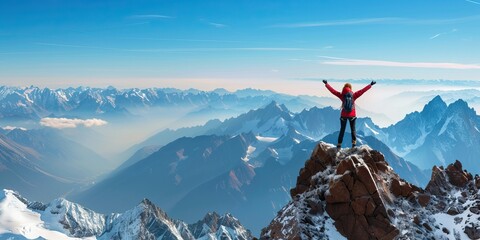 Hiker celebrating on top of a mountain with a panoramic view