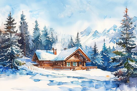 Watercolor painting of a cabin in snowy mountains