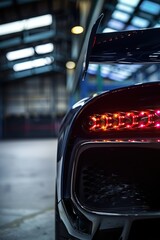 Detail of a sports car taillight in a dark setting