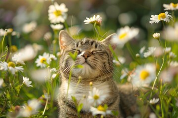 funny cat enjoying the begining of the blooming spring