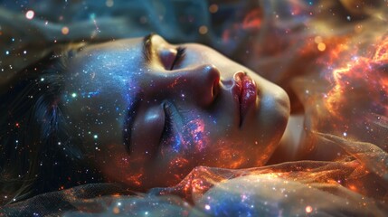 The close up picture of the caucasian female human that laying down for sleeping on the sea of the galaxy space that act like pillow that look fluffy and soft at the bright sky of a universe. AIGX03.