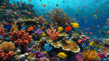 A coral reef with many colorful fish swimming around.

