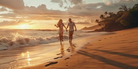 Couple walking on a tropical beach at sunset
