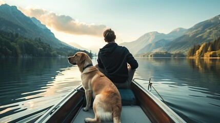 Man and dog in a canoe on a calm lake with mountains - obrazy, fototapety, plakaty