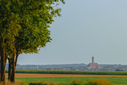 The town of Elchingen auf dem H&auml;rtsfeld in Baden-W&uuml;rttemberg, Germany near Neresheim. Small german village. Clear blue sky, bright sunny summer day
