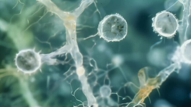 Microphotograph of mycorrhizal fungi a symbiotic organism that forms a network around plant roots aiding in nutrient absorption and . AI generation.