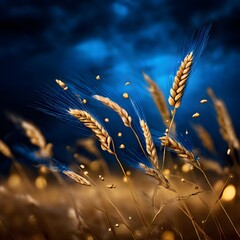 Ears of wheat and grains close up wheat ears with wheat field background, idea for world food significant staple concept. - obrazy, fototapety, plakaty
