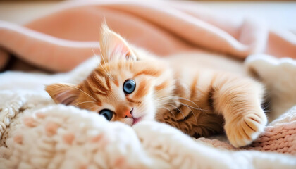 A small kitten lying on a cozy blanket, with soft and warm colors