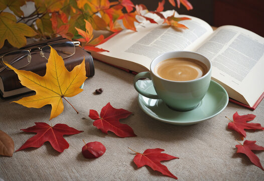 Coffee, books and autumn leaves Images of autumn reading colorful background