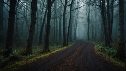 A dark and foggy forest path.

