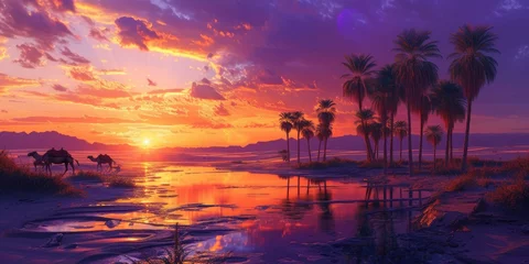  A tranquil oasis scene at sunset with silhouettes of camels and towering palm trees reflected in water. Resplendent. © Summit Art Creations