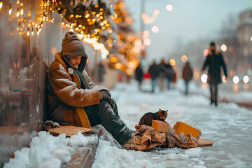 Homeless man on city street. Old sad man on cardboard in torn clothes hugging cat kitten seeking help, hungry poor person concept - obrazy, fototapety, plakaty